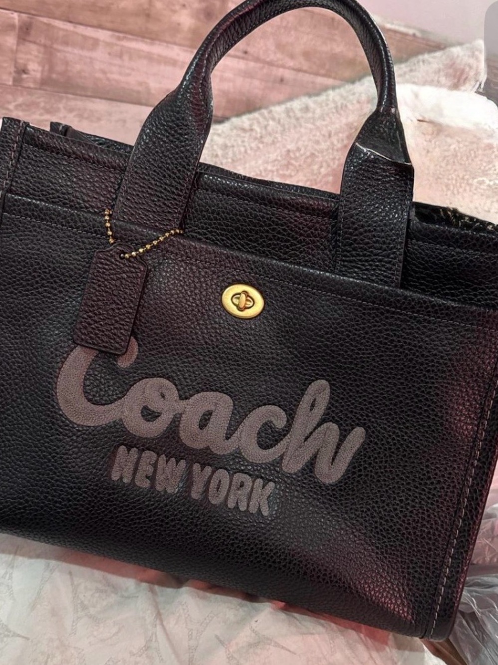 Coach Black Pebbled Leather Tote with Gold Turn-Lock